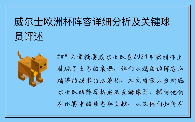 威尔士欧洲杯阵容详细分析及关键球员评述