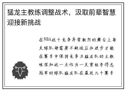 猛龙主教练调整战术，汲取前辈智慧迎接新挑战